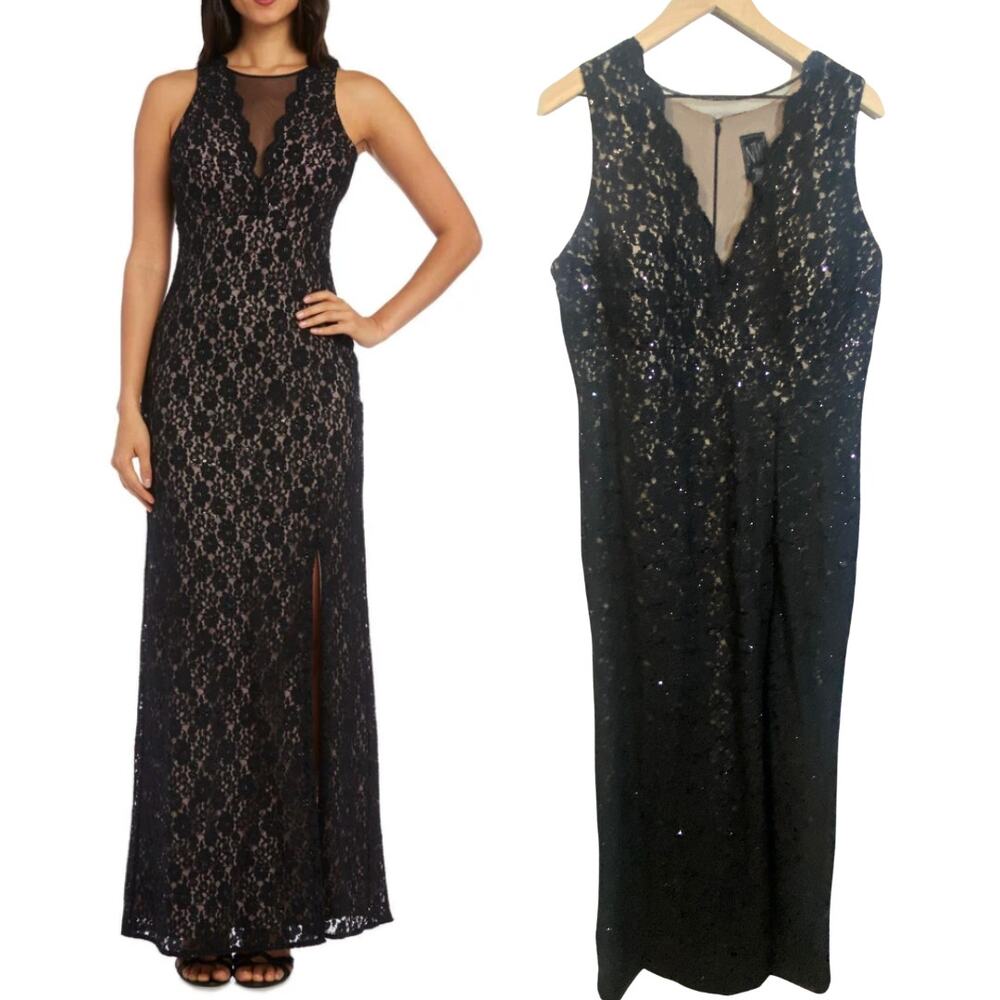 Nightway Long Glitter Formal Dress Black Lace Nude Lining High Slit Plus Sz 16W